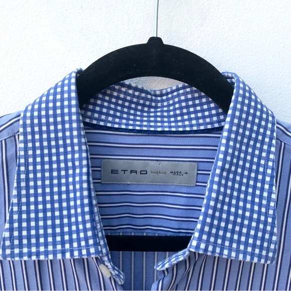 Etro Men's Size 44 Blue White Vertical Stripe Contracting Cuff Button Down Shirt - Picture 3 of 10